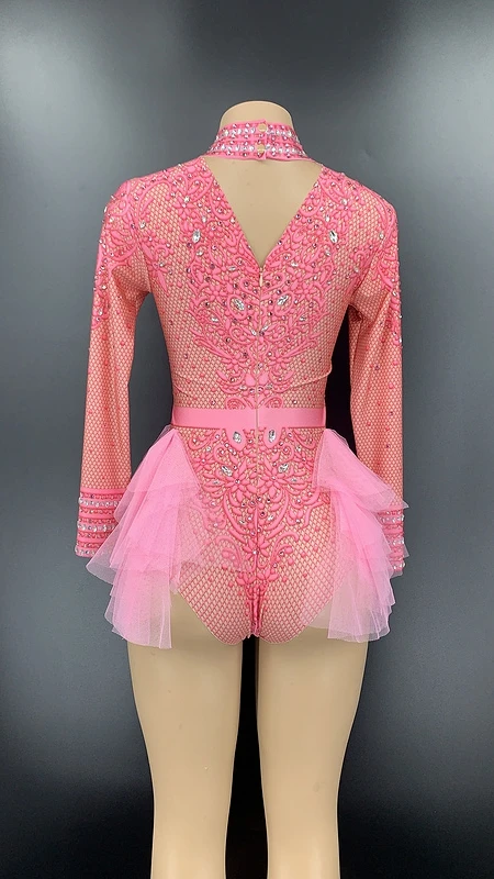 bodysuit top Pink Silver Rhinestone Long Sleeves Bodysuit Birthday Celebrate Prom Outfit Women Dancer Singer Party Show Outfit white bodysuit