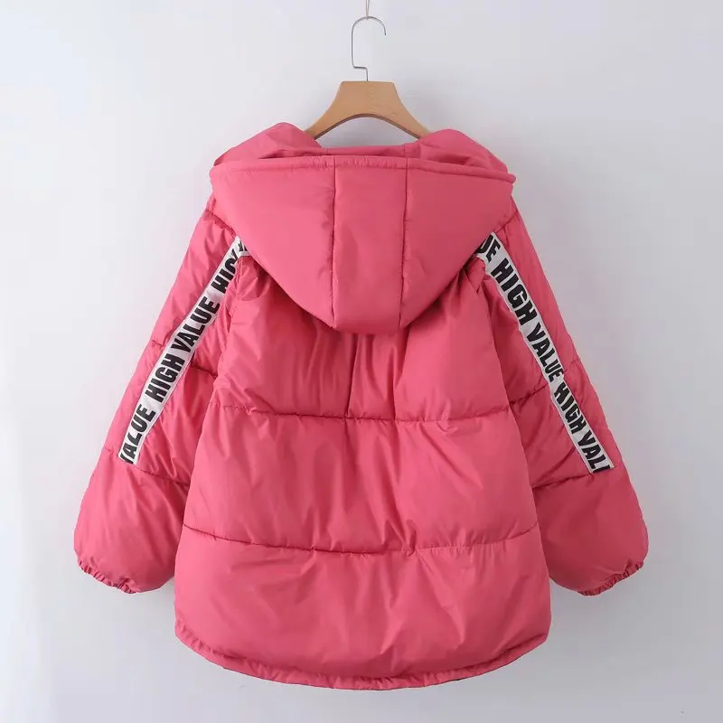 

40cc10-8881 2018 Winter New Style Loose-Fit Lettered Strap Collage Hooded Cotton Coat Jacket Women's