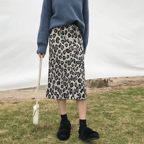 

Women Leopard Skirt 2019 Winter Korean Style Vintage High Waist Slit Knit Sweater Long Pencil Skirt Gray Khaki saias falda B320