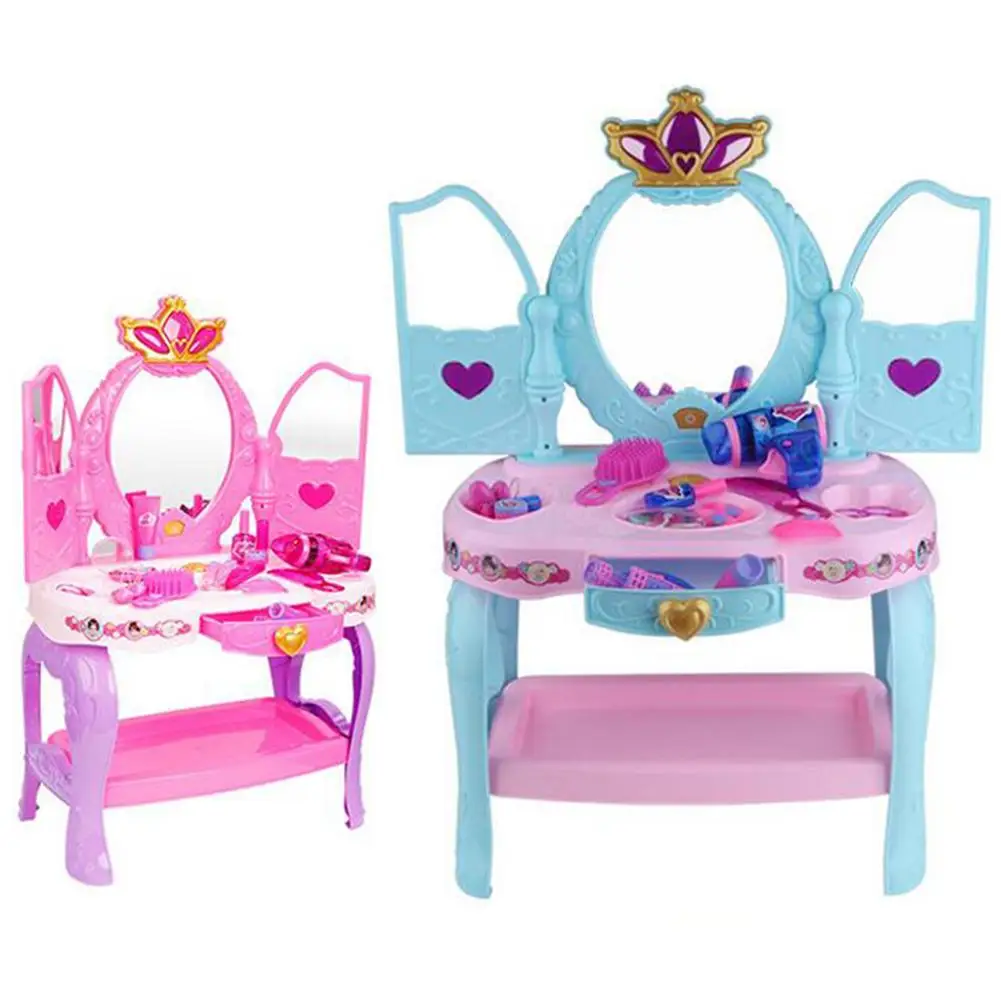 

Vanity Set Girls Toys Makeup Accessories With Flashing Lights Big Mirror Cosmetics Hair Dryer Fashion Toy Kit Pretend Play Set