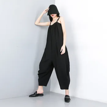 

2020 New Spring Autumn New Style Black High Waist Loose Wide Leg Pants Women Suspenders Jumpsuit Fashion Tide Big Size
