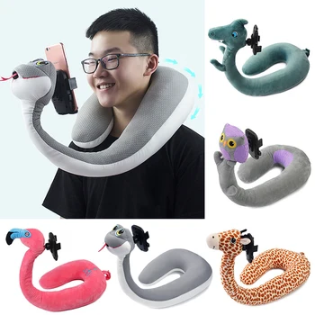 

U Shaped Travel Pillow Cartoon Animal U-shaped Pillow & Lazy Bracket With Mobile Phone Holder Creative Bed Head Neck Pillow