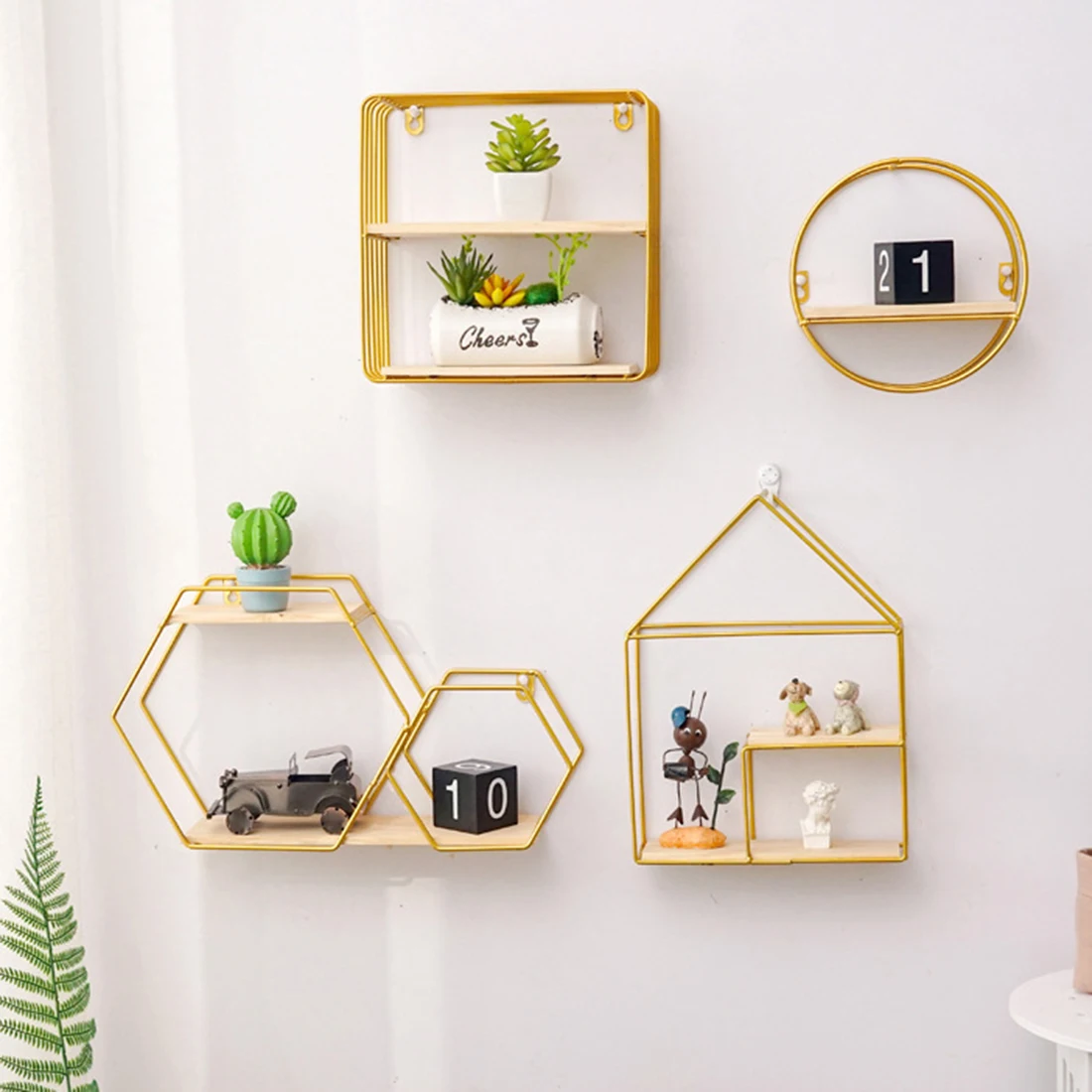 

Wall-Mounted Floating Shelf Bracket Wrought Iron Storage Rack Room Decoration Storage Holder - Double Ring Double-layer Golden