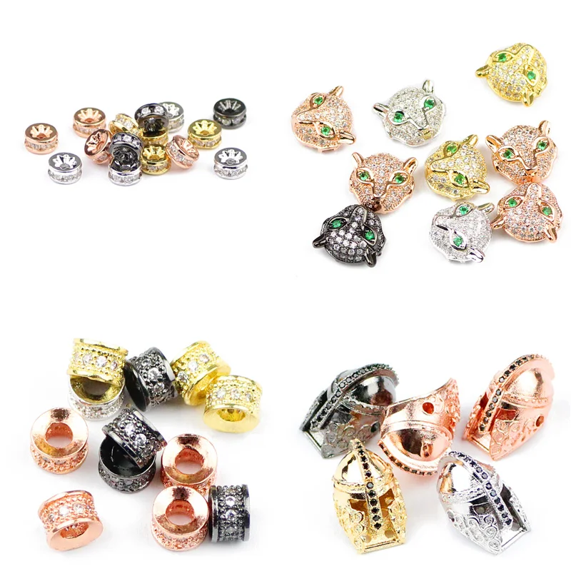 Fat Round Zircon leopard head helmet Pendant Copper tube Spacer beads cylinder Charms Loose bead for Jewelry bracelet making DIY | Украшения