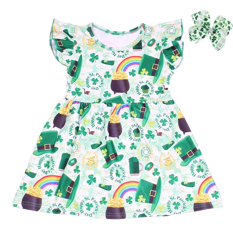 Happy St.Patrick's Day Boutique Dress Toddlers Green Clover Hat Pattern Clothes Children Spring/summer Milksilk With Bow | Детская
