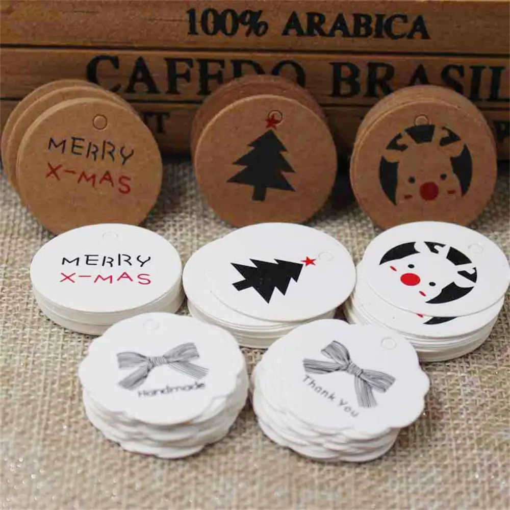 

100pcs/pack Cute Christmas Tree Small Tag Cowhide Gift Packaging Box Accessories Thank You White Small Label