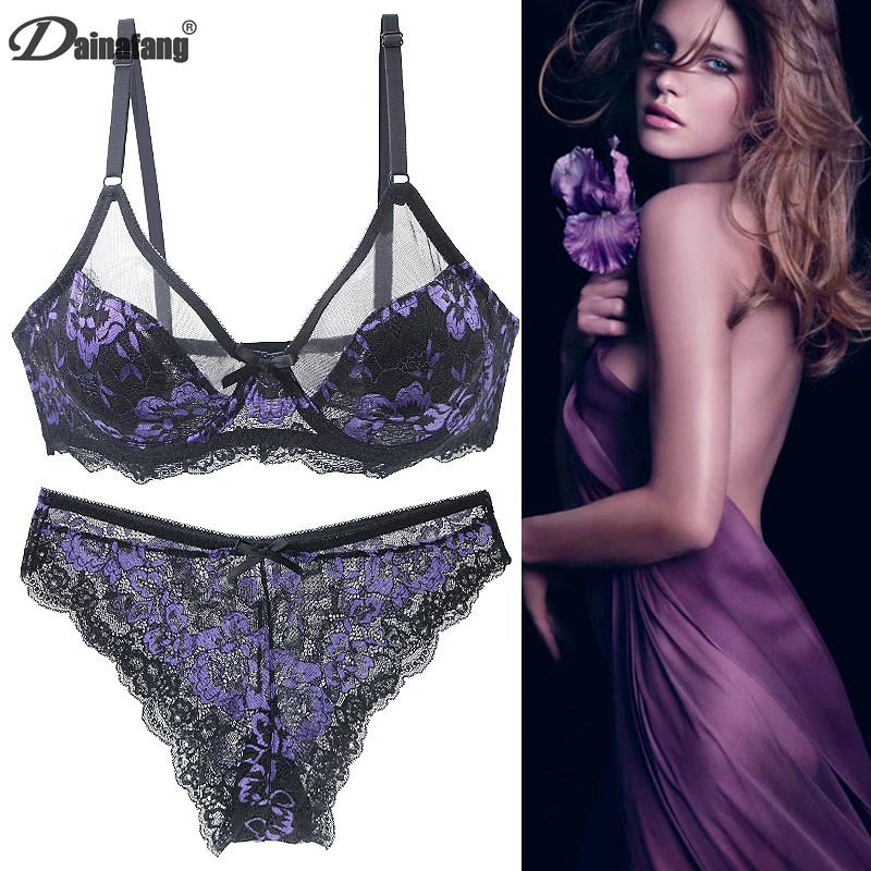 bra and underwear set DaiNaFang Ultra-Thin Thick BCDE Cup Mesh Lace Underwear Transparent Bra Sets Beauty Back Hollow Embroidery Female Lingerie bra panty sets