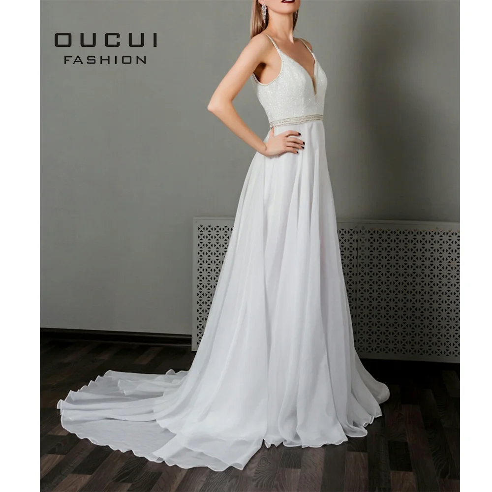 

Formal Handmade Evening Dress Long 2019 V neck A Line Spaghetti Prom Dress Strap Open Back Chiffon OL102939