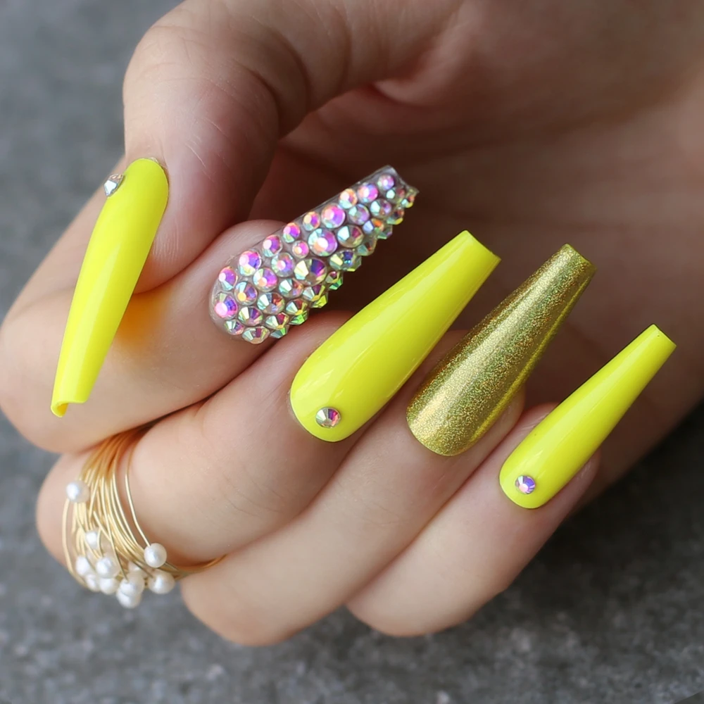 

Yellow long coffin Extra fake nail Rhinestone luxury coffin AB Rhinestone summer holographic false nails