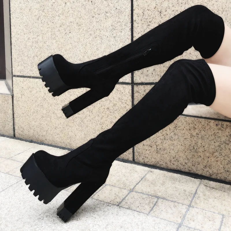 15cm Thin Leg Over Knee Boots, Women High Heels Long Over Thigh Boots Platform Black Shoes
