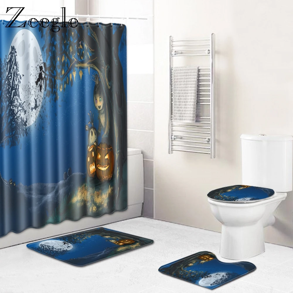 Zeegle Cartoon Bathroom Mat Set Lid Toilet Cover Anti-slip Shower Mat Waterproof Shower Curtain with Hooks Bathroom U Type Mat