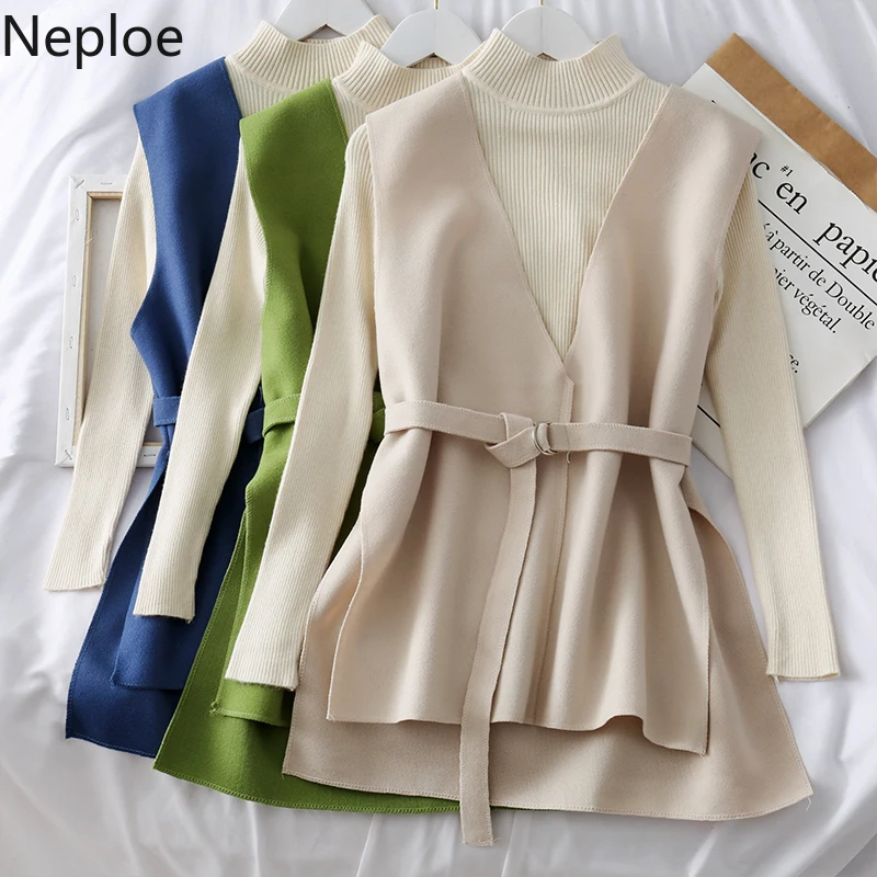 

Neploe Temperament 2 Pcs Women Set Half High Neck Bottom Knit Sweater + Slim Waist Lace Up Woolden Vest Irregular Chandal Autumn