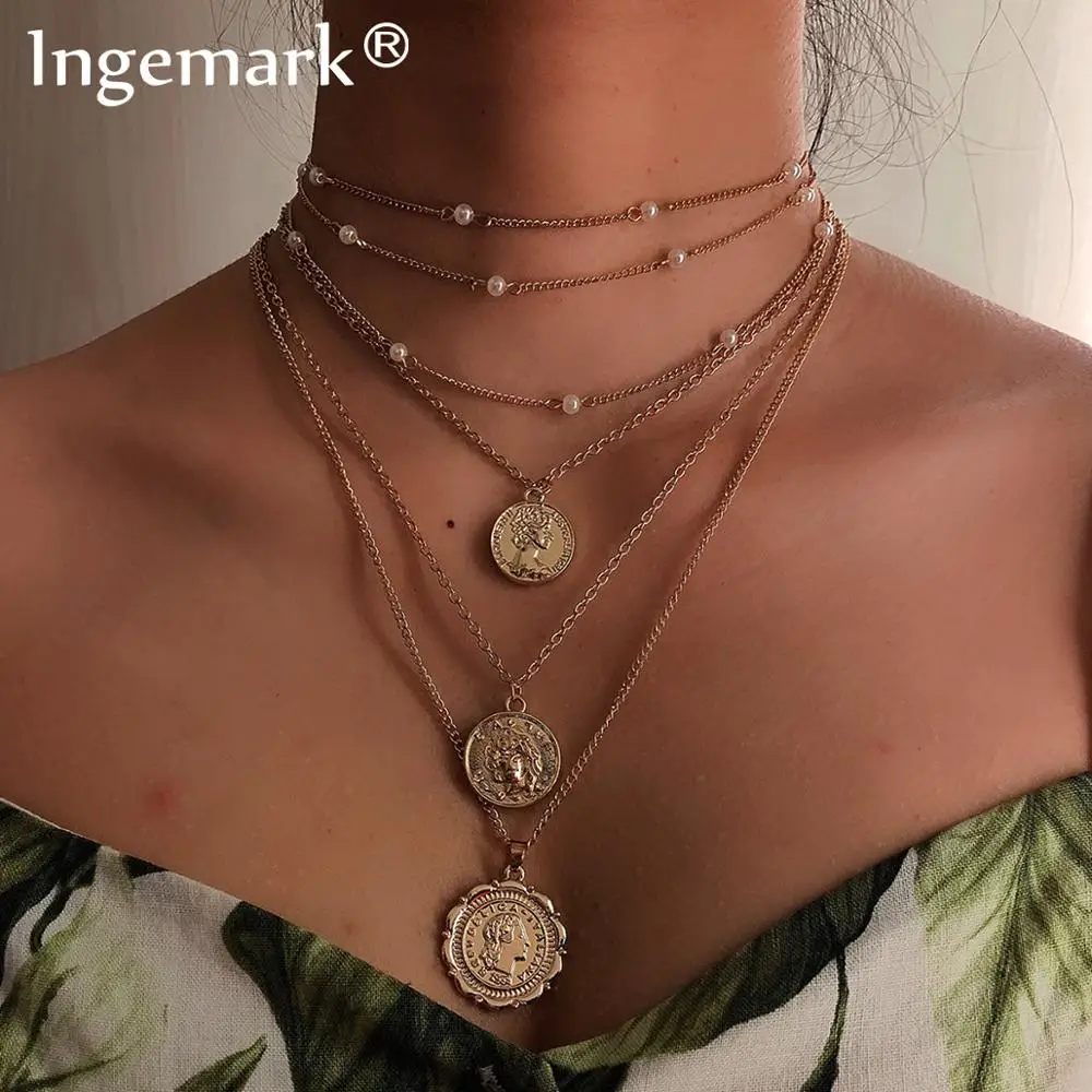 

Vintage Punk Cuban Coin Pendant Choker Necklace Collares Multi Layer Imitation Pearl Tassel Long Chain Necklace Women Jewelry