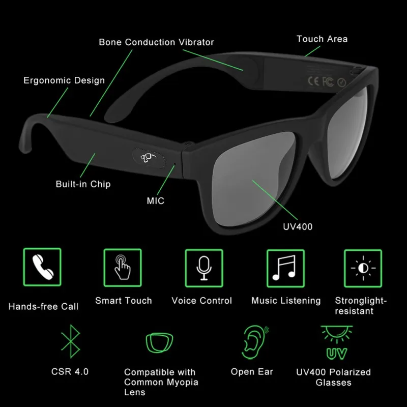 Smart Sunglasses Bluetooth Bone Conduction Wireless Headset Microphone Glasses