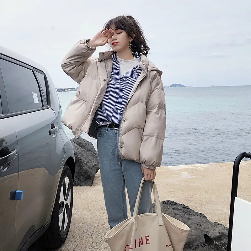 

Cotton-padded Clothes Short Long Sleeve Solid Color 2019 Autumn & Winter New Style Zipper Convention Stand Collar Pocket