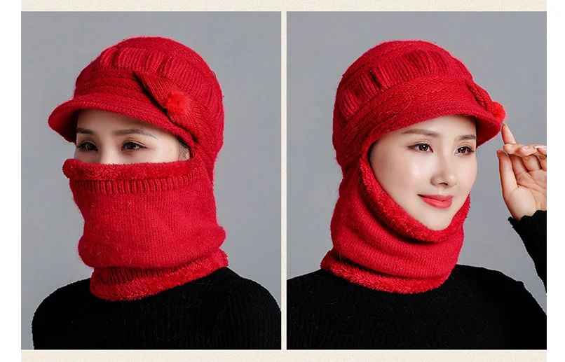 Новинка, зимние шапки Skullies Beanies, шапка для женщин, шерстяной шарф, шапки, Балаклава, маска, шапка, теплый мех кролика, вязаная шапка