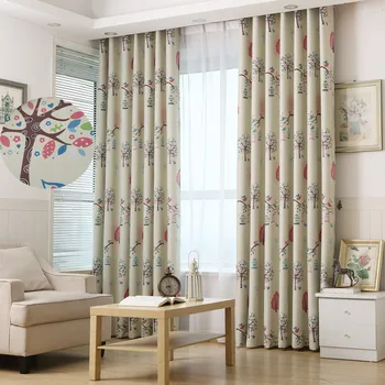 

Colored Tree Beige Blackout Curtains for Living Room Funny Birds Printed Polyester Window Door Treatment Jinya Home Decor Curtan