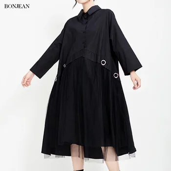 

Plus Size Spring Women Shirt Dress Cotton Mesh Panel Vintage Loose Long Sleeve Dress Casual Ladies Black Dresses Female 2020 5XL