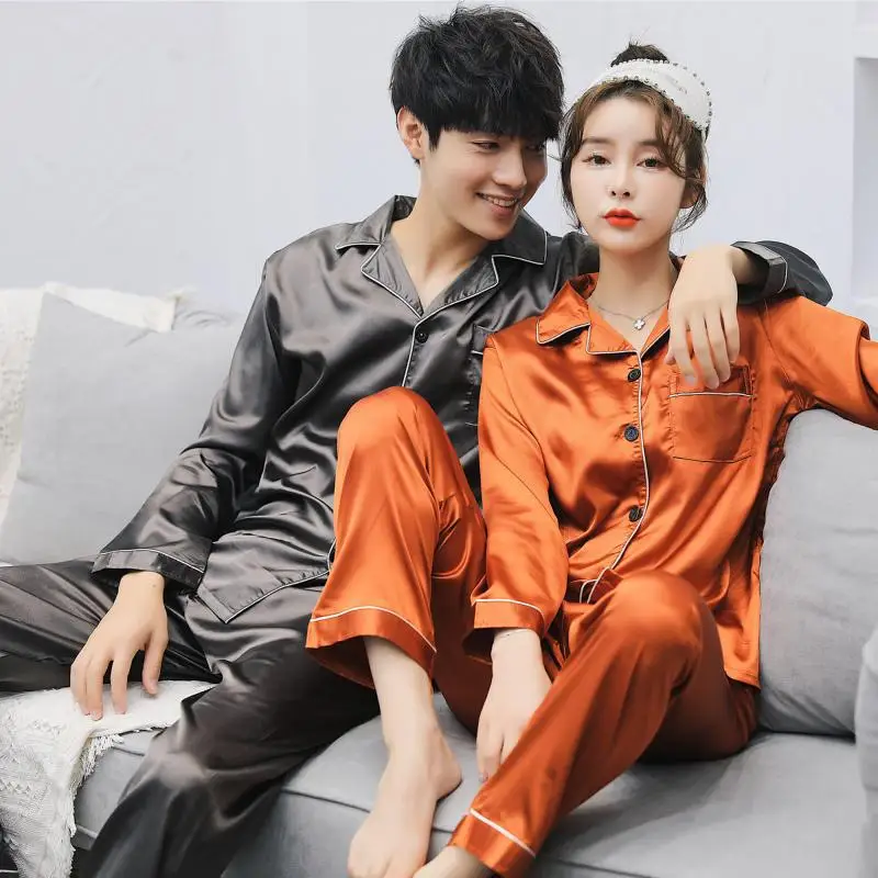 

Couples Pajamas Women's Autumn Set Long Sleeve Korean-style-Outer Wear Sweet Loose-Fit Imitated Silk Fabric Men Thin Home Wear
