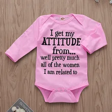Детские боди с буквенным принтом «I Get My Attitude to Mom», розовые, с длинными рукавами, из крошечного хлопка, детские комбинезоны для новорожденных, одежда для девочек