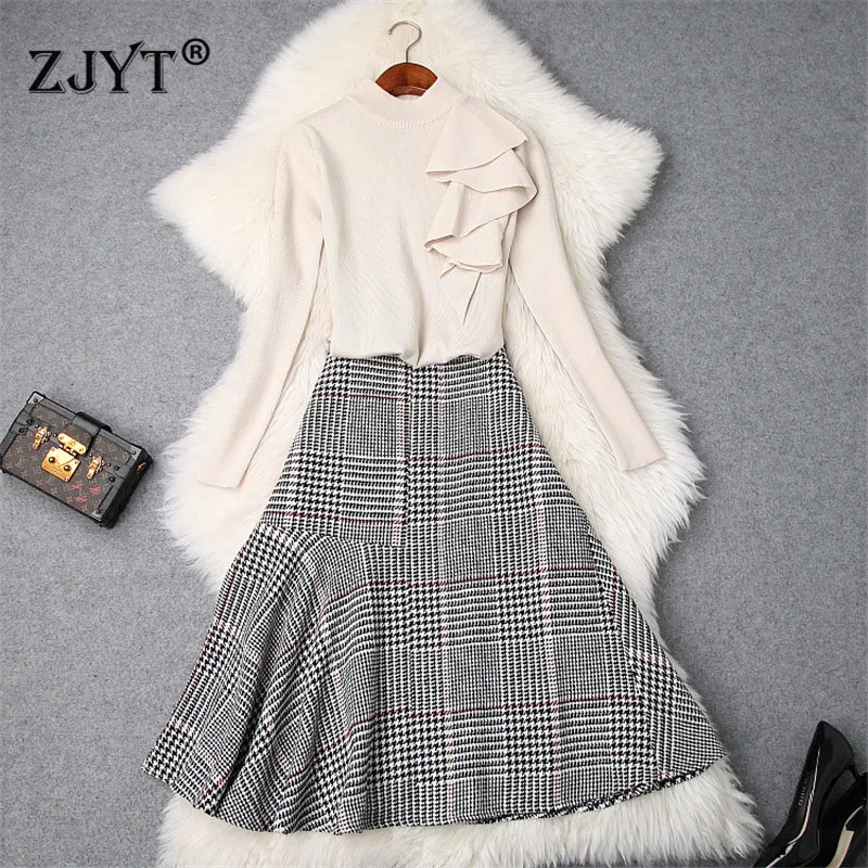 

2019 Women Autumn Winter Suit Set Fashion Designer Long Sleeve Ruffle Knit Sweater Top and Plaid Skirt 2Piece Matching Set