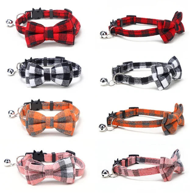 Bowknot Breakaway Cat Collar Bow Tie Safety Buckle Plaid Christmas Chihuahua Necklace Elastic Adjustable Dog Collar for Puppy 4