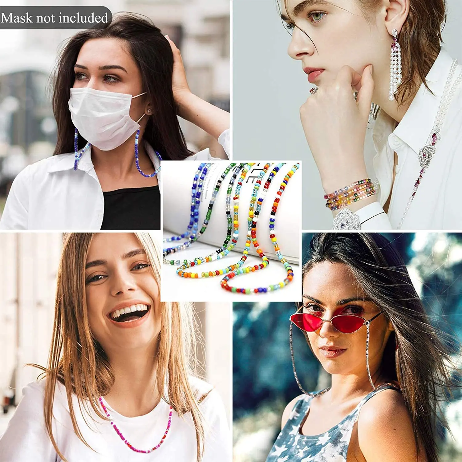 

Women Face Mask Lanyard Bohemian Colored Mask Strap Beaded Glasses Chains Anti Slip Women's Neck Chain For Eyeglass Sunglasses