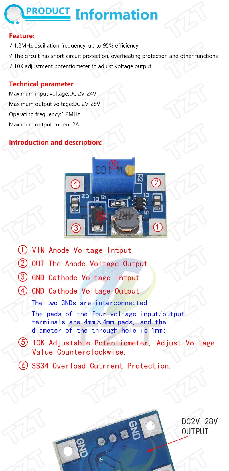 DIYTZT 1/5PCS 2-24V zu 2-28V 2A DC-DC SX1308 Step-UP Einstellbare Power Modul Step Up Boost Converter für DIY Kit – Detail 2
