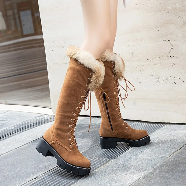 Brown US4-11, женские сапоги до бедра на меху, на платформе, на блочном каблуке, с флисовой подкладкой, теплые зимние сапоги на шнуровке, большие размеры, 3 цвета - Цвет: Brown