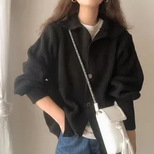 

Women Cardigan Sweater Korean Style Spring Autumn New Loose Solid Color Lapel Patchwork Button Casual Fashion Office Lady Coats