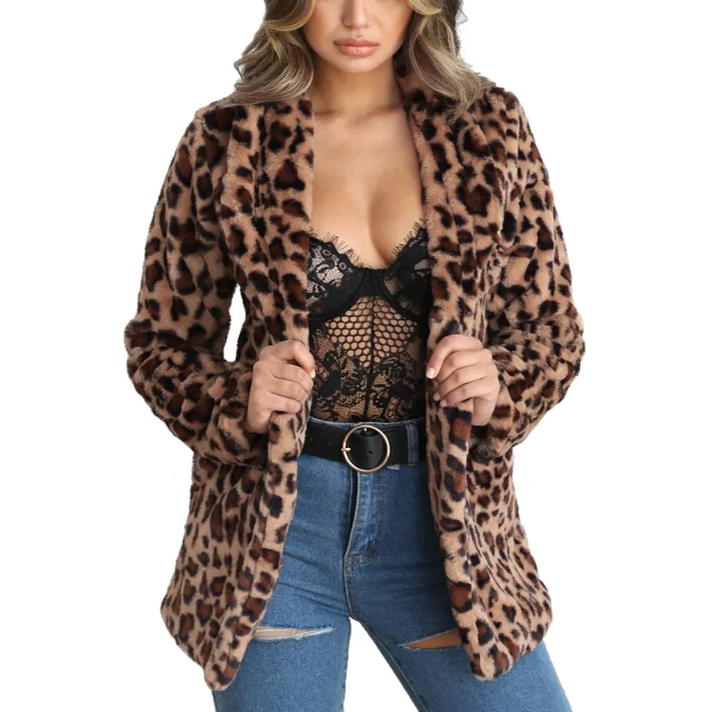 Коричневый Fashion Womens Ladies Coat Jacket Warm Faux Fur Coat Jacket Leopard Turn Down Collar Jacket Women Outwear Overcoat Plus Size - Цвет: Коричневый