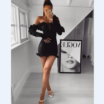 

Autumn Style 2019 Cotton Mesh Bodycon Famale Designer Dress Women Sexy Long Sleeve Slash Neck Ruffles Black Bandage Dress