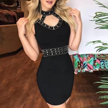 

Adyce 2020 New Summer Black Bandage Dress Women Sexy Sleeveless Halter Beading Club Dress Celebrity Evening Party Dress Vestidos