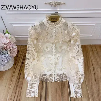 

Ziwwshaoyu Brand Runway Women's Shirt Tops Luxury Letter Moon Embroidery Long Sleeve Holiday Mesh Blouse + lining 2020 Autumn