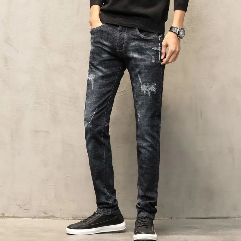 

KSTUN Ripped Jeans for Men Autumn and Winter Slim Straight Black Stretch Casual Hip hop High Street Patched Jeans Man Homme