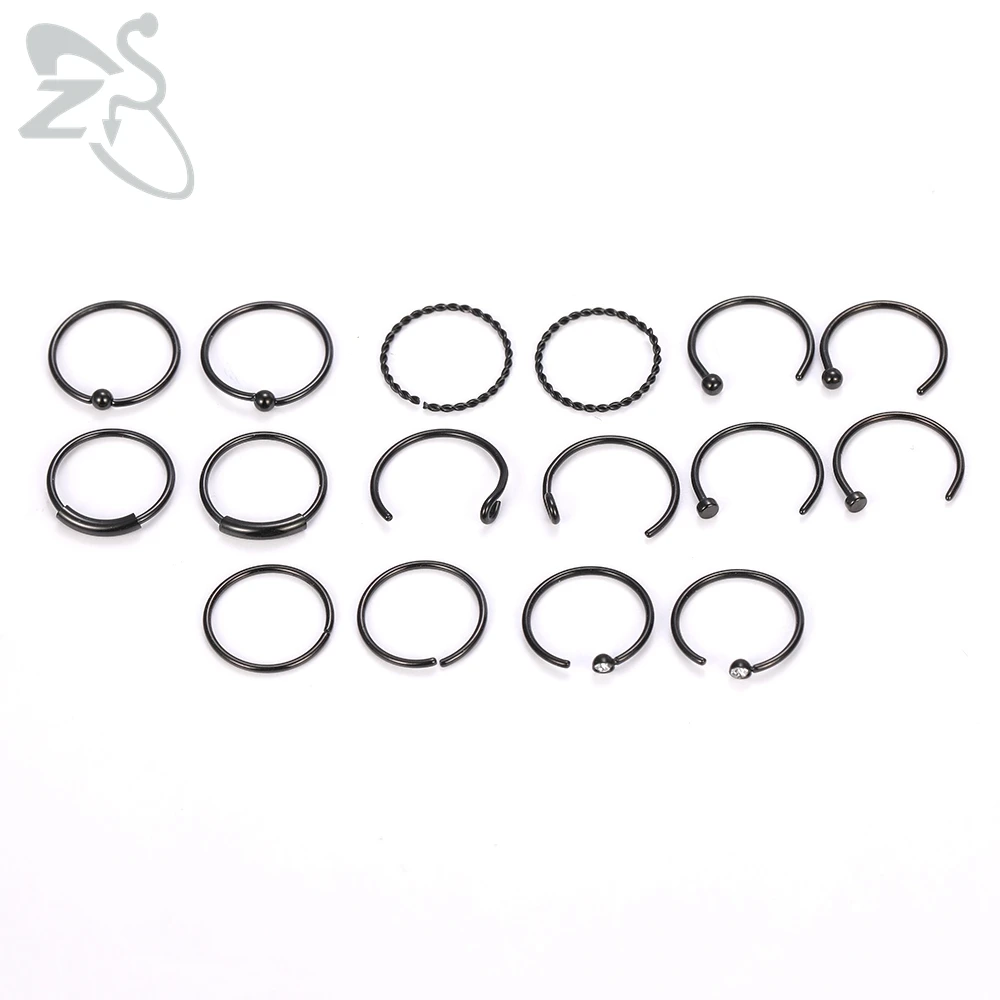ZS 6-34pcs/Lot Heart Round Nose Piercing Ring Set Stainless Steel Crystal Nose Stud Pack L Shape Nose Nails Piercing Jewelry 20g