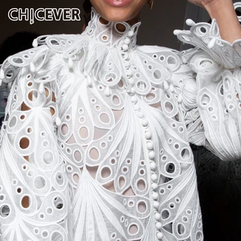 

CHICEVER Hollow Out Irregular Women's Blouse Turtleneck Flare Long Sleeve Ruffle Shirt For Female 2020 Fashion Clothing New Tide