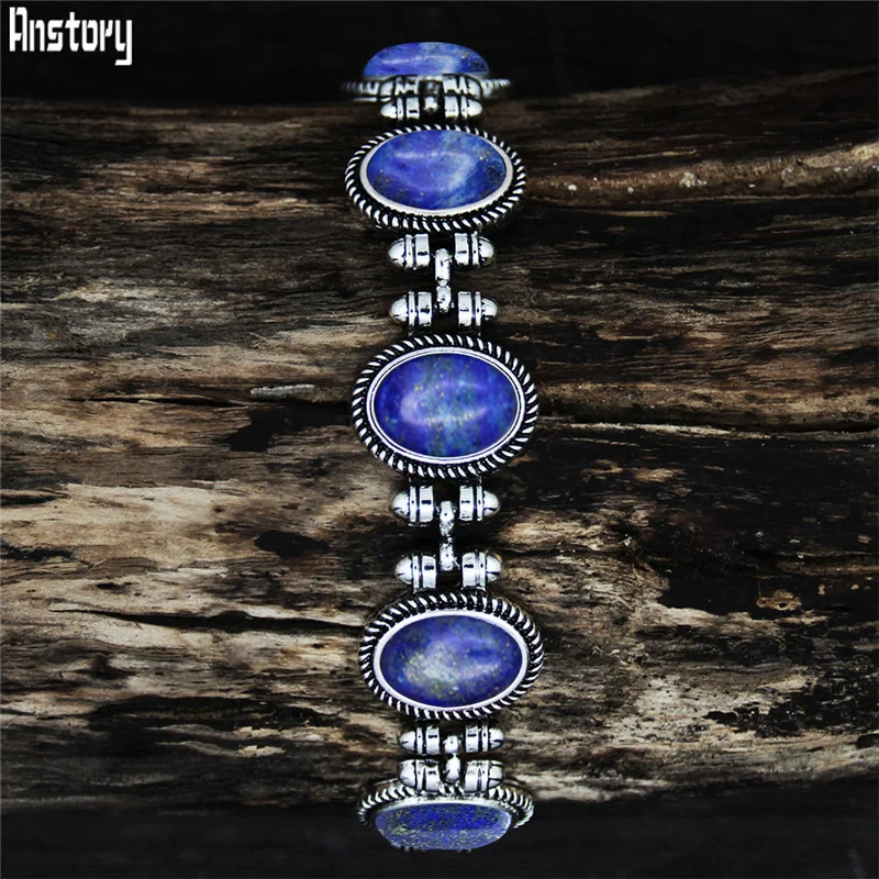 Женский браслет из тибетского серебра с овальным растением Лазуритом тигровый