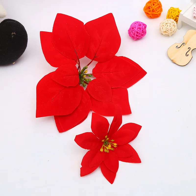 10 шт. искусственные красные рождественские цветы Poinsettia Цветок голова шелк Бархат год Рождественская елка украшения