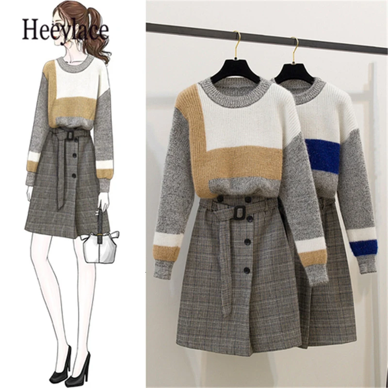 Women Knitted 2-piece Sets O-Neck Long Sleeve Patchwork Pullover Tops+High Waist Plaid Tweed Skirt With Belt Female Clothing Set |