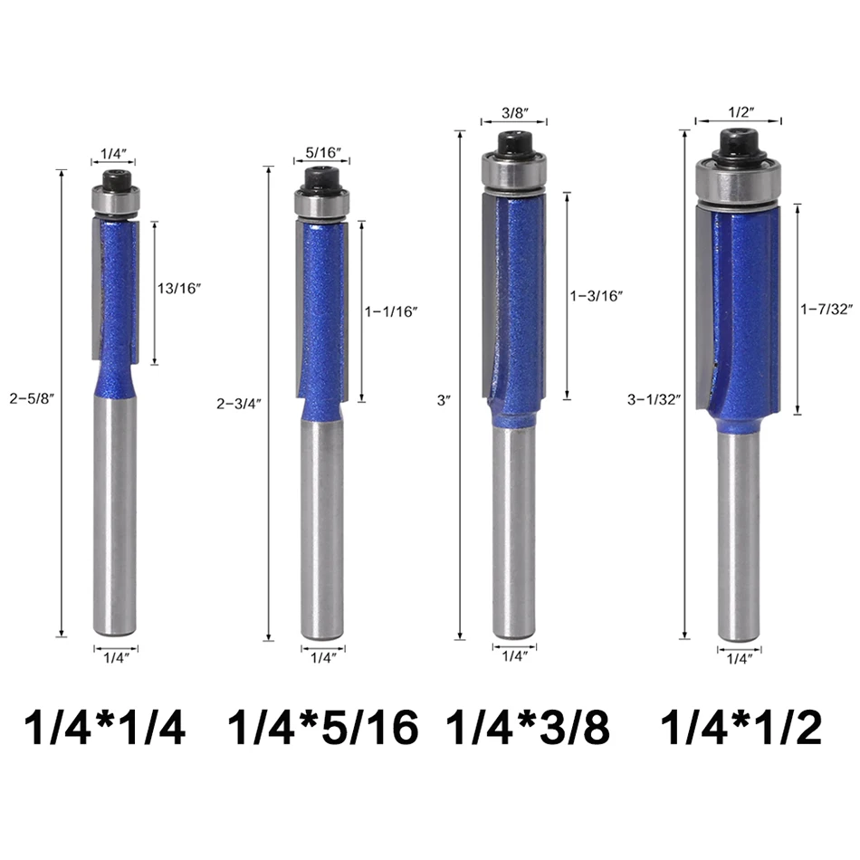 1/4 Shank Milling Cutter Woodwork Trim Router Bit With Bearing For Wood Template Pattern Bit Tungsten Carbide For Woodworking