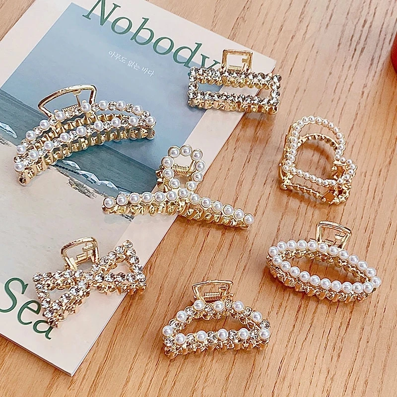 New Women Elegant Pearls Rhinestone Geometric Hair Claws Back Hold Clips Sweet Decorate Headband Fashion Accessories |