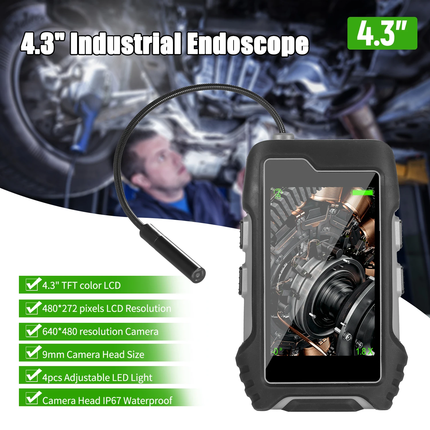 Portable 4.3&quot Waterproof Industrial Endoscope with 2.7&quot Soft Pipe Probe Camera for Vehicle/Air Conditioner/Pipeline Repairing |