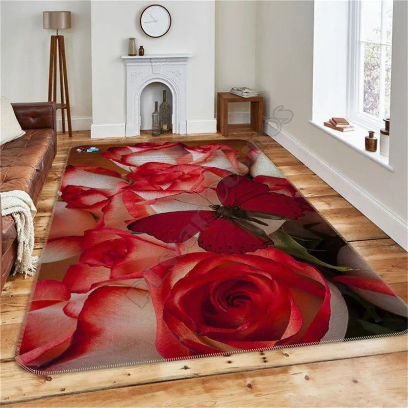 RoseFlower3DPrintedAntislipRugCarpetHomeDecorationLiving
