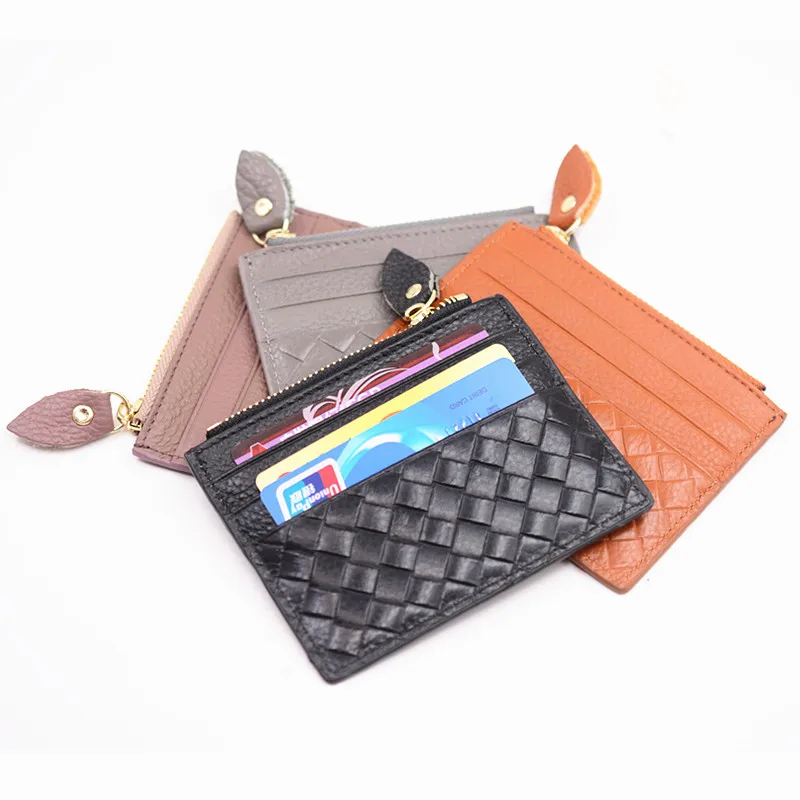 Genuine Leather Card Holder Female Black Plaid Credit ID Card Holders Zipper Wallet Change Coin Purse Keychain Business Card Bag