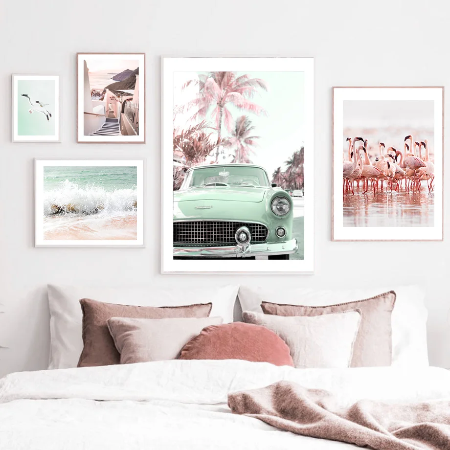 Pink Beach Sea Waves Flamingo Flower Car Wall Art Canvas Painting Nordic Posters And Prints Wall Pictures For Living Room Decor