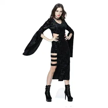 

Darkinlove Women's Gothic Bandage Black Dress Bat Sleeve Sexy Split Party Cosply Flowers Pattern Embroidery Dress
