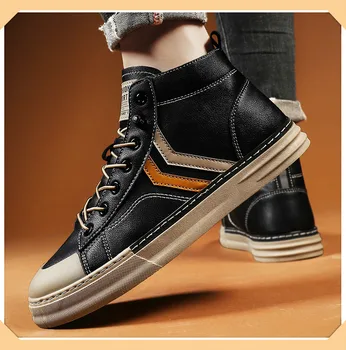 

New mid-to-high top sneakers casual shoes men's shoes leather lace-up shoes
