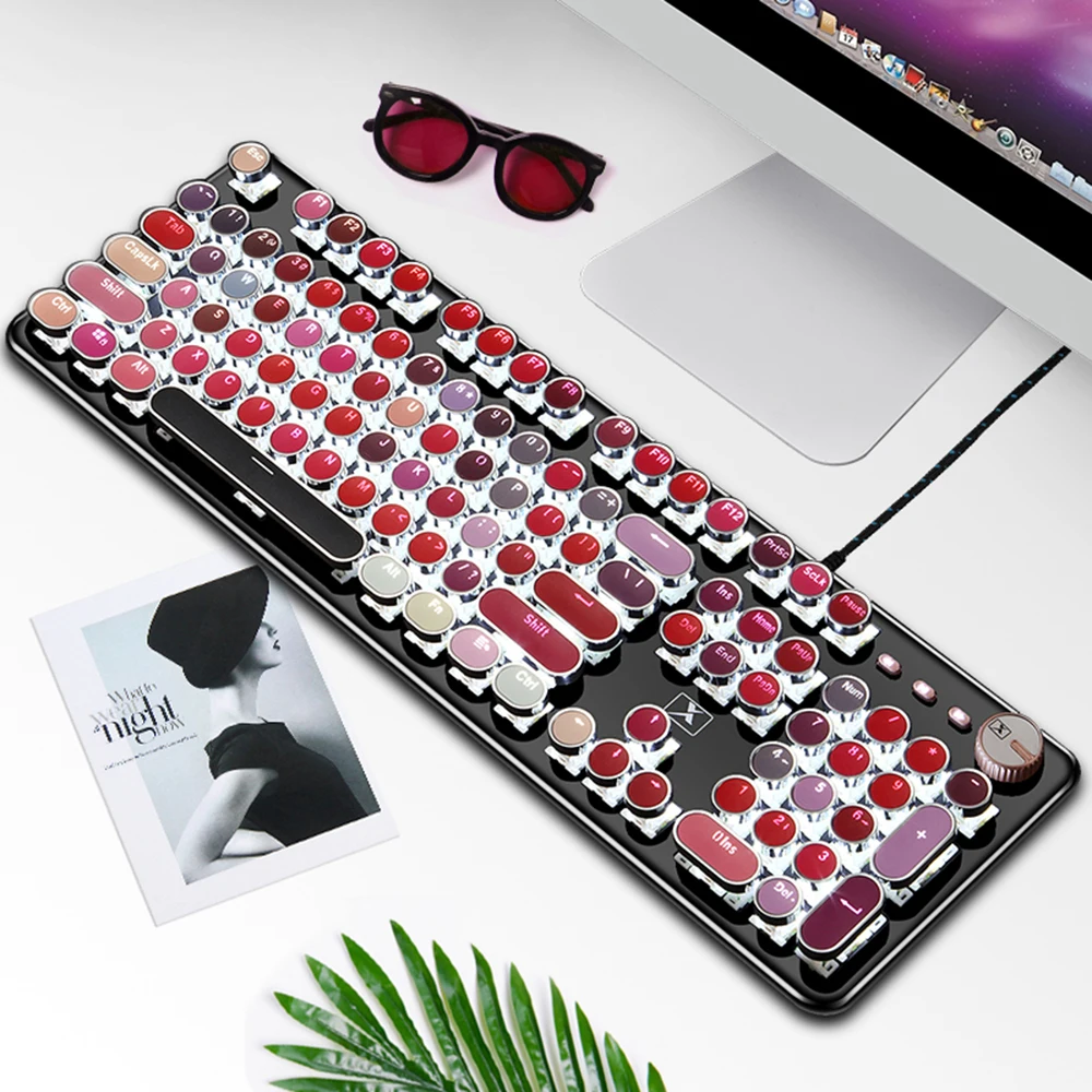 

K520 Real Mechanical Keyboard Metal Matte Panel Retro Punk Various Lipstick Colors Design 104 Keys Wired USB Gaming Keyboards