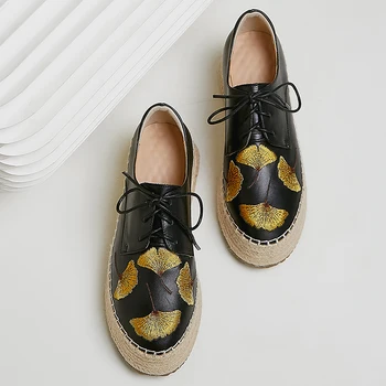 

Women's genuine leather lace-up platform flats oxfords leisure soft comfortable espadrilles high quality Embroidered leaves shoe